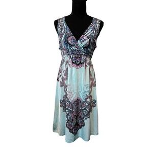 KIARA Women's Slip On Summer Dress V Neck Sleeveless Teal Purple Paisley M Beach